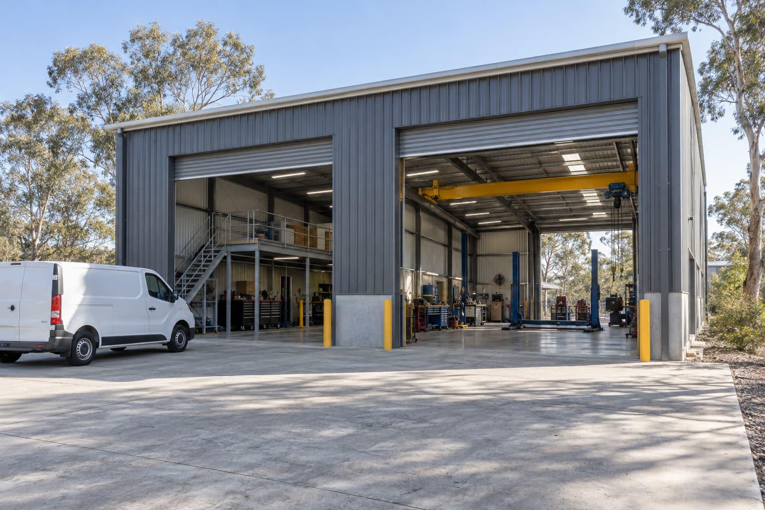 Concept visualisation of a commercial workshop with open roller doors