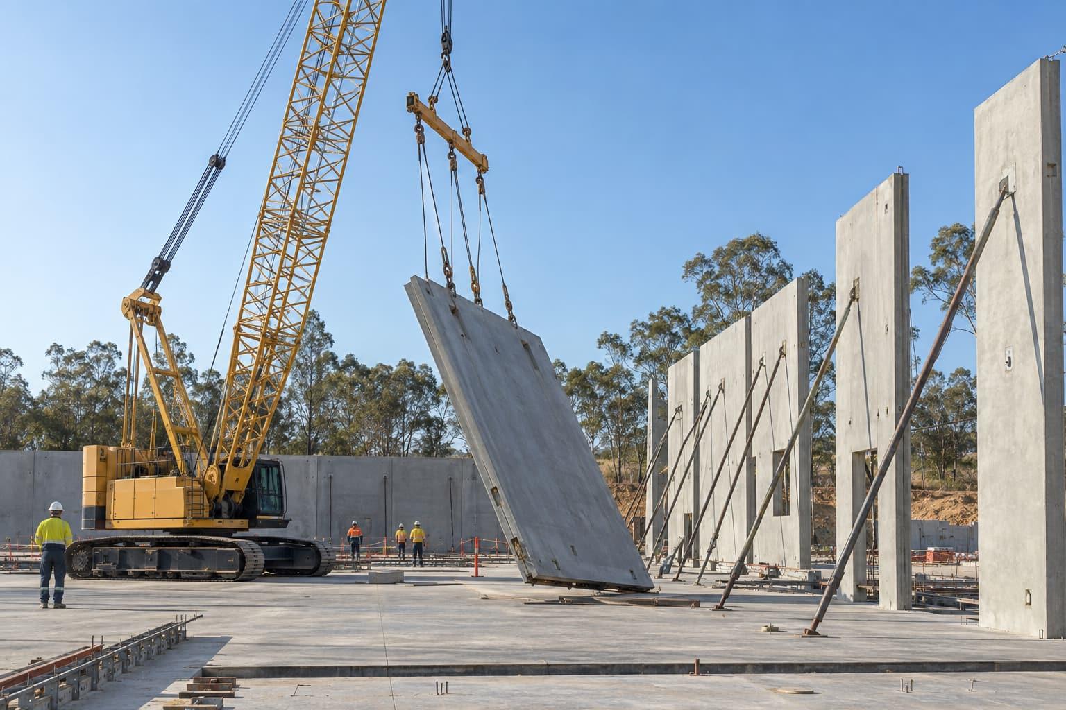 Concept visualisation of a crane lifting a concrete tilt-up wall panel into place with temporary bracing